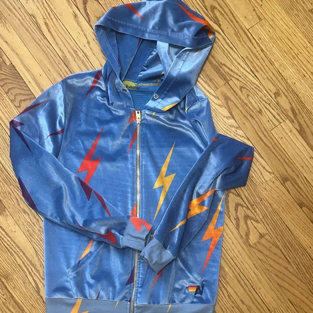 Aviator Nation Kids Light Blue Lightning Zip Hoodie with Orange & Red Bolts - Picture 3 of 3